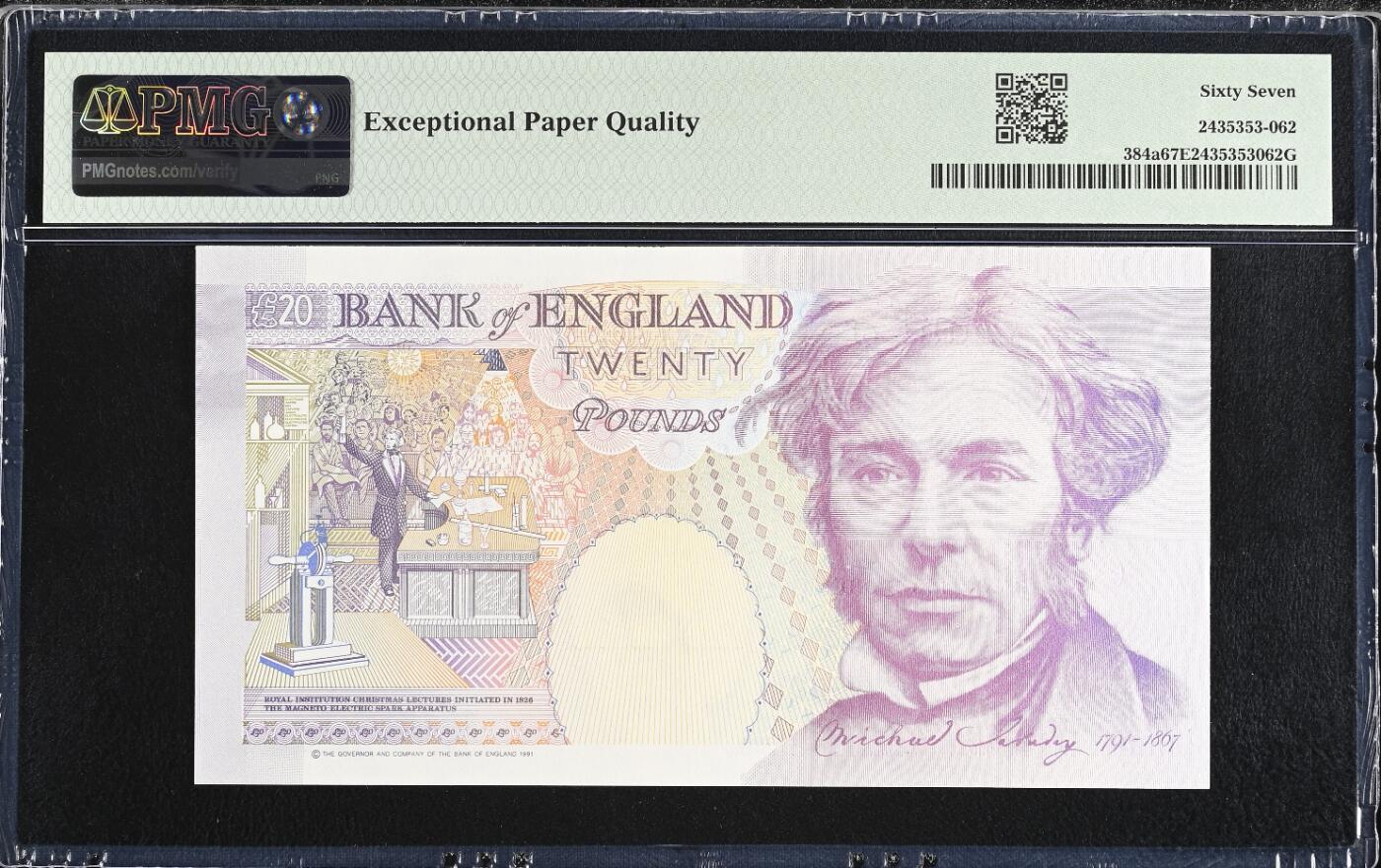 《艾美收藏》第233期-2.23周一外币精品荟萃(春节第二拍) 英国E序列初版1991年皇冠版首签少见C冠20镑PMG67E亚军分无4 难上分品种 长线看涨 交流电之父法拉第 Pick#384a Gill一签