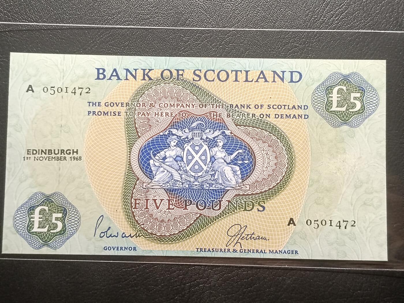 【年后首拍！】2026二月第三期，总217期 苏格兰银行1968年5镑UNC-首冠A，早期少见中高面值品种