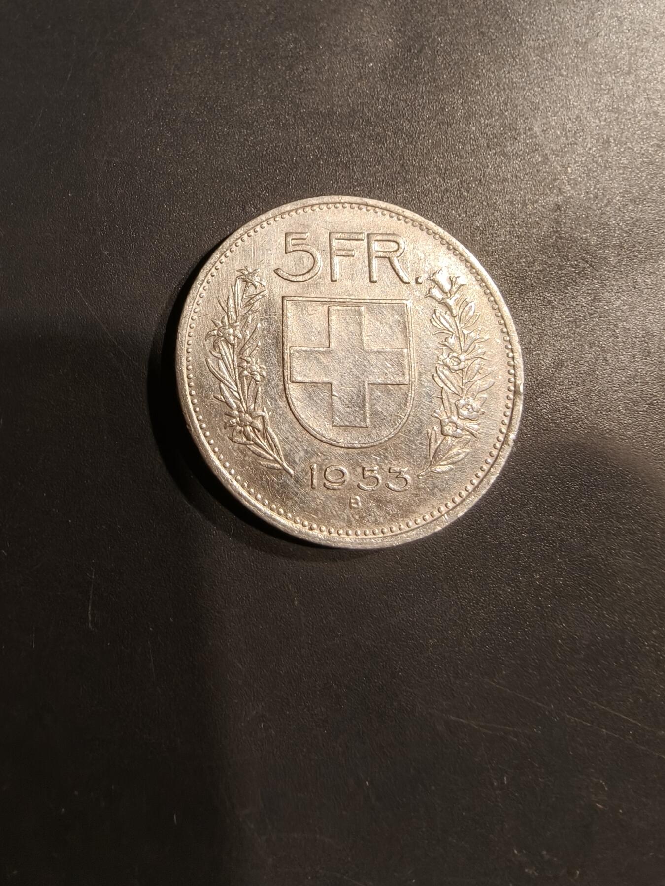 老王徽章第184期 瑞士1953年5法郎银币    835银    15g