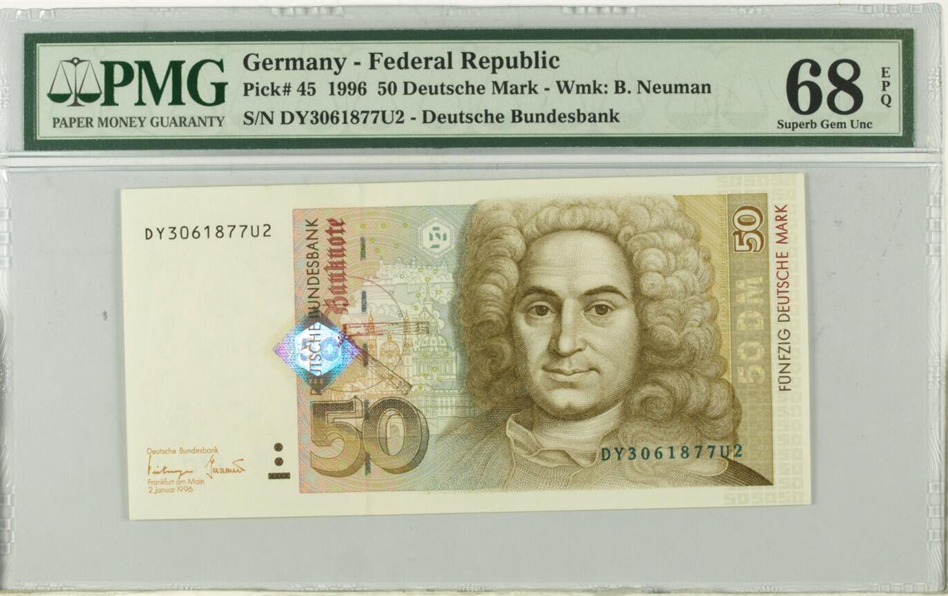 《艾美收藏》第233期-2.23周一外币精品荟萃(春节第二拍) 德国1996年50马克PMG68E亚军分无4 冠军69分仅5张 建筑师约翰·巴塔萨·纽曼