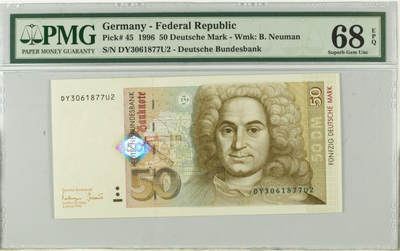 《艾美收藏》第233期-2.23周一外币精品荟萃(春节第二拍) - 德国1996年50马克PMG68E亚军分无4 冠军69分仅5张 建筑师约翰·巴塔萨·纽曼