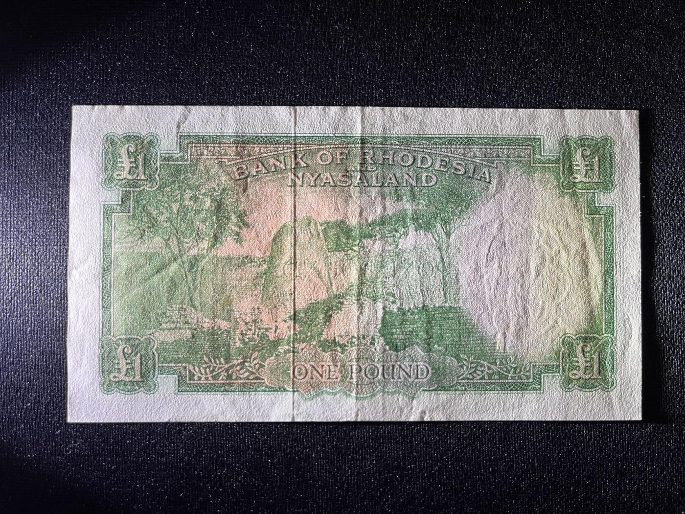 世界各国纸币拍卖 罗德西亚和尼亚萨兰1960年1镑纸币 大冠女王 原票实物图