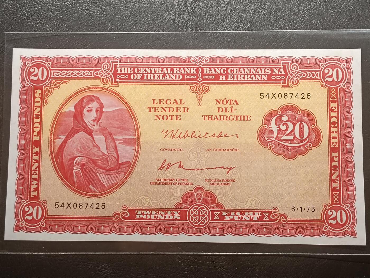 【年后首拍！】2026二月第三期，总217期 爱尔兰1975年20镑AUNC，爱尔兰人格化象征“拉维利夫人”，稀有的中高面值