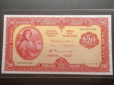【年后首拍！】2026二月第三期，总217期 - 爱尔兰1975年20镑AUNC，爱尔兰人格化象征“拉维利夫人”，稀有的中高面值