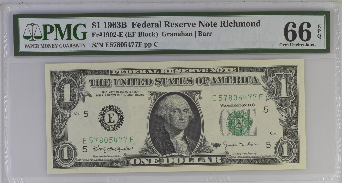 《艾美收藏》第233期-2.23周一外币精品荟萃(春节第二拍) 美国1963B年稀少里士满(弗吉尼亚州首府)分区1美元PMG66E 老壳严评 首任总统乔治·华盛顿