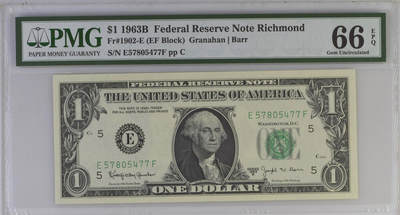 《艾美收藏》第233期-2.23周一外币精品荟萃(春节第二拍) - 美国1963B年稀少里士满(弗吉尼亚州首府)分区1美元PMG66E 老壳严评 首任总统乔治·华盛顿
