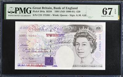 《艾美收藏》第233期-2.23周一外币精品荟萃(春节第二拍) - 英国E序列初版1991年皇冠版首签少见C冠20镑PMG67E亚军分无4 难上分品种 长线看涨 交流电之父法拉第 Pick#384a Gill一签
