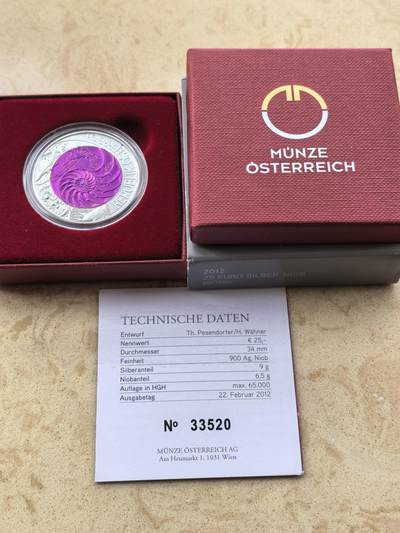 道一币馆币章第一百六十七场 - 原盒证 奥地利2012年仿生学发展25欧元铌芯银币