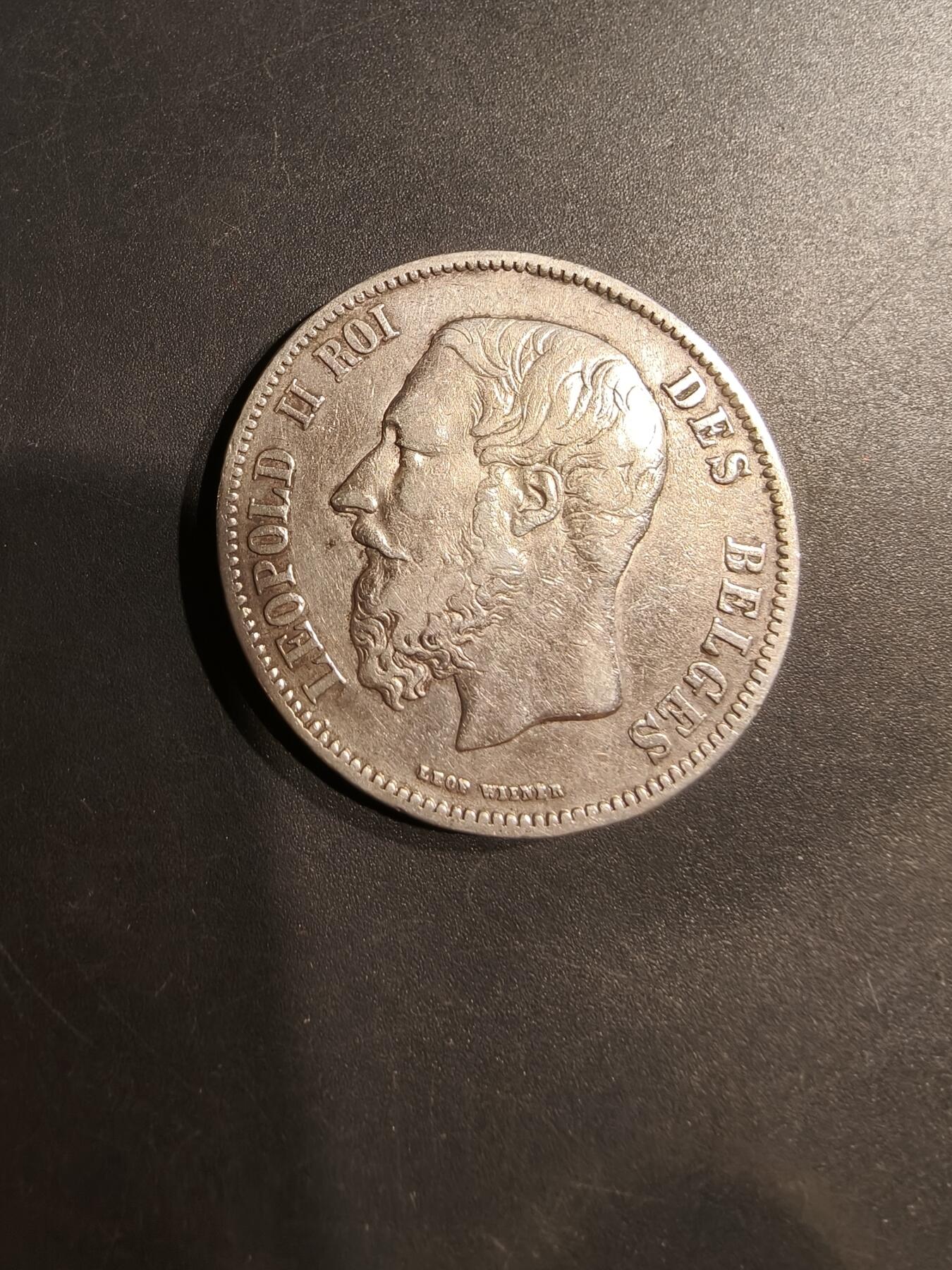 老王徽章第184期 比利时1869年5法郎银币   900银    24.8g