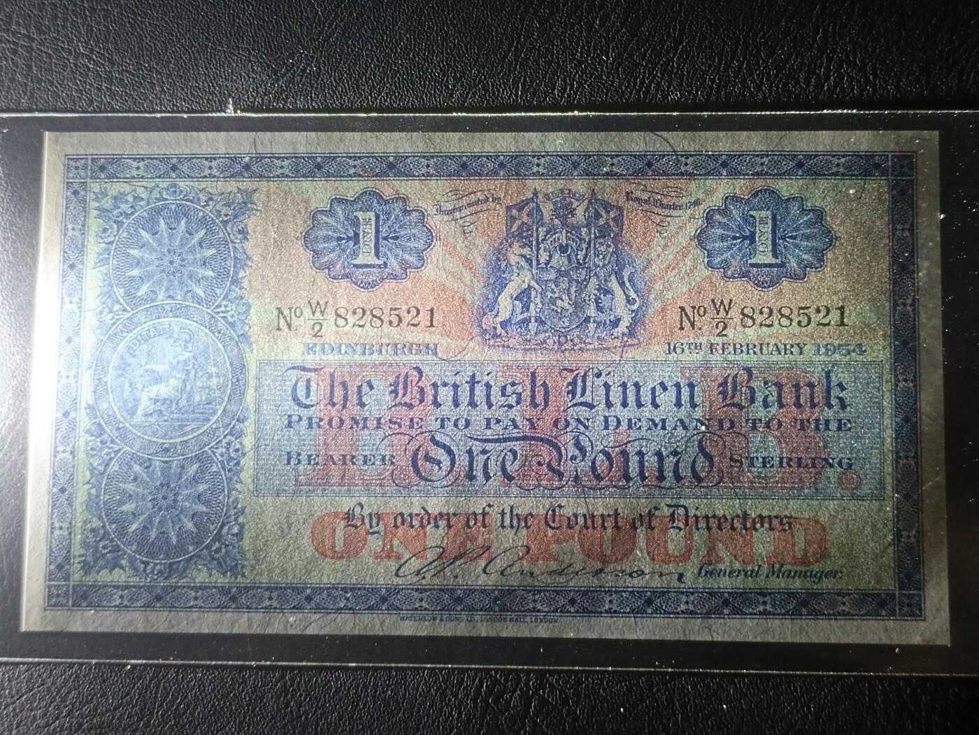 【年后首拍！】2026二月第三期，总217期 苏格兰不列颠亚麻银行1954年1镑UNC-，不列颠尼亚女神，少见早期大票幅版本