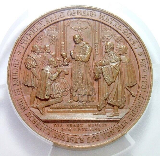 【旋风钱币】2月22日19:00准时开拍 精美欧洲币章、银币银章、第三帝国钱币、手串手镯紫砂壶等 全场包邮！ 【艺术】超大盒PCGS SP63 德国艺术大章1839年 普鲁士新教改革三百年高浮雕精制大铜章 样章 45MM