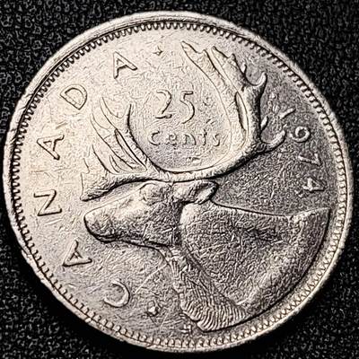 泉币菌-第197场- 新年快乐 新年第5场 本场拍品多 请提前出价 - 高币值 加拿大1974年1/4加拿大元 伊丽莎白二世 驯鹿 24mm 