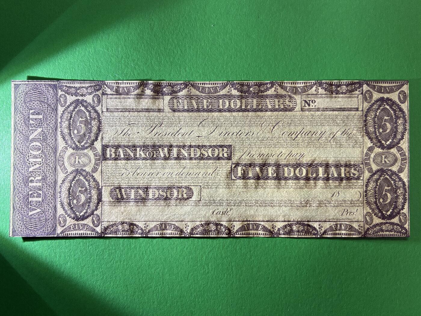 咖啡豆•收藏 2026年Mar_13th世界各国纸币拍卖 美国 19世纪 佛蒙特州温莎银行 5美元 全新UNC 外国纸币