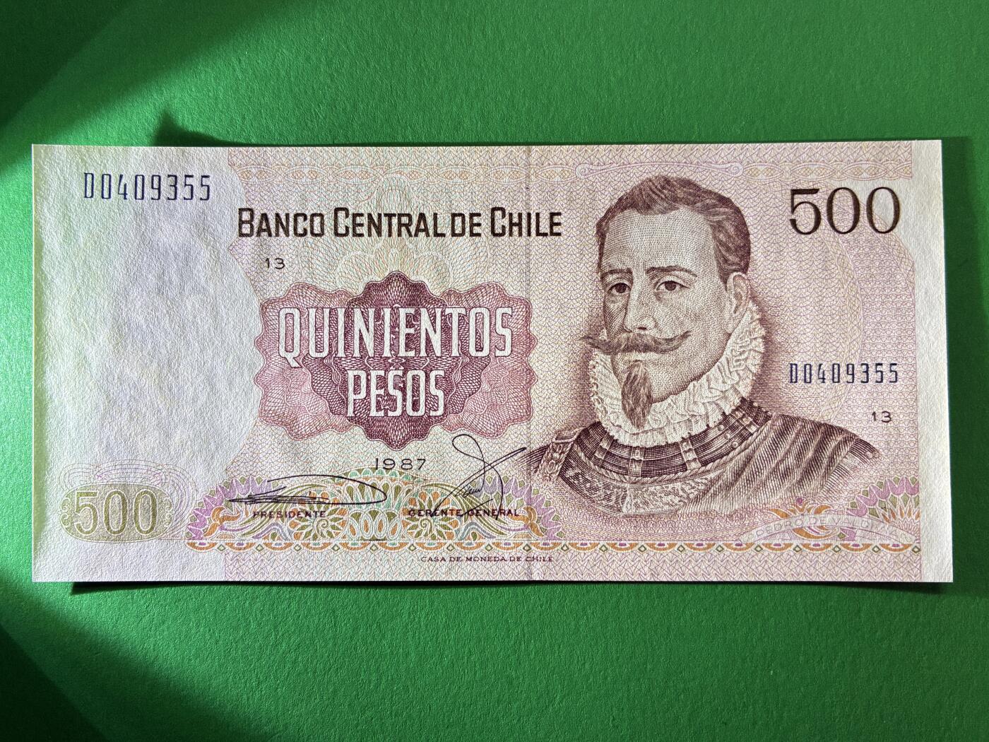咖啡豆•收藏 2026年Mar_13th世界各国纸币拍卖 智利 1987年 500比索 全新UNC 外国纸币