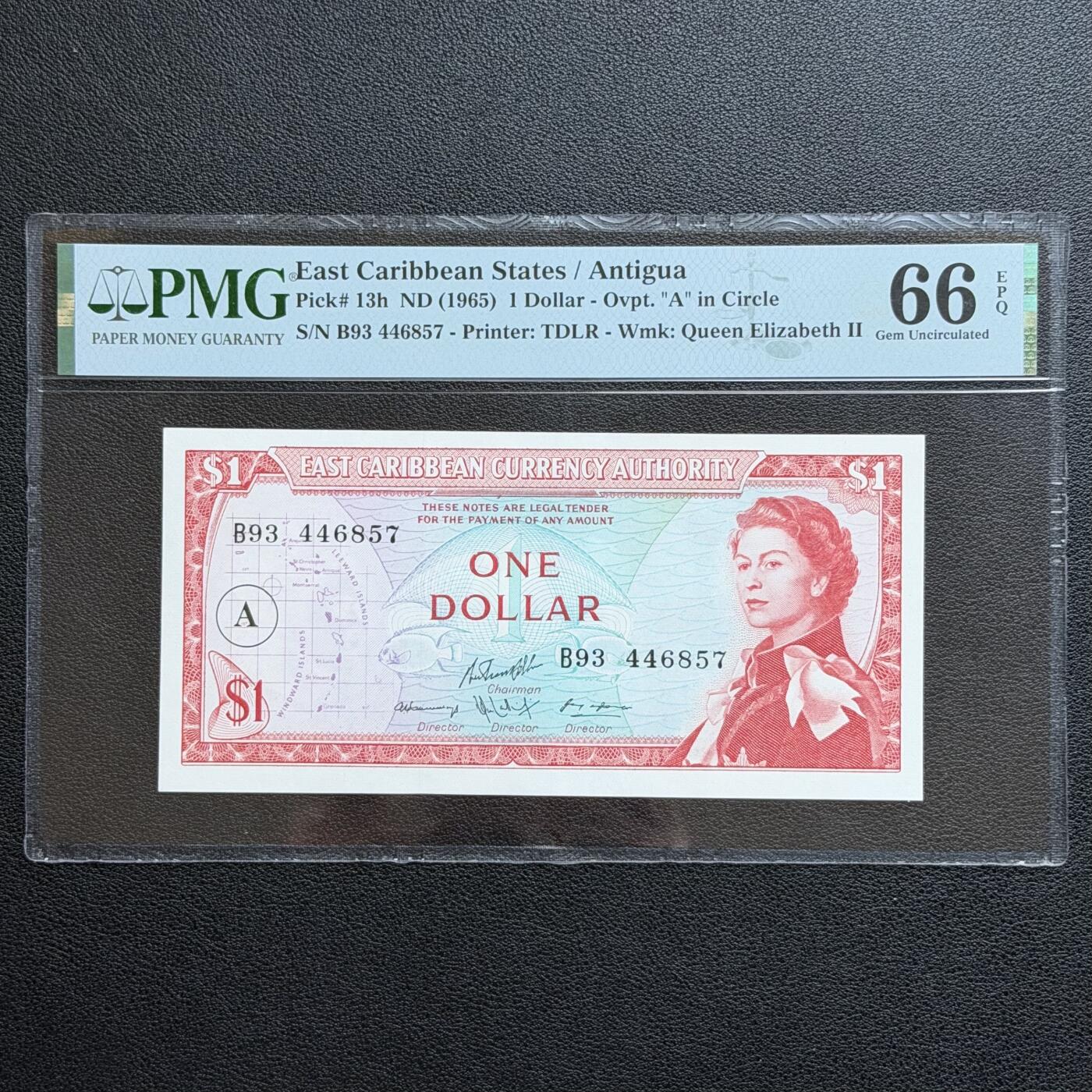 ＜星葵🌻钱币社＞非全新纸币场第70期·3月1日发货  PMG66 东加勒比1965年戎装女王1元纸币〈A安提瓜〉