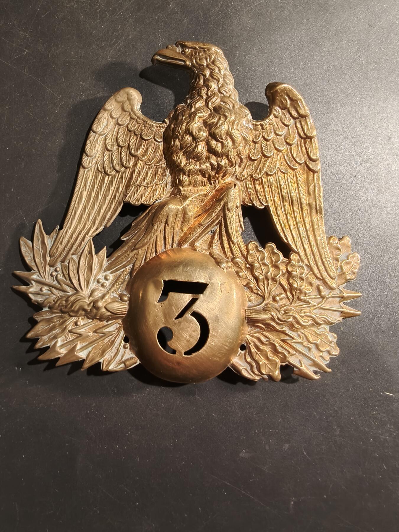 老王徽章第184期 法国第二帝国1852式沙科帽帽徽     大尺寸12×11.5cm     法国第3步兵团