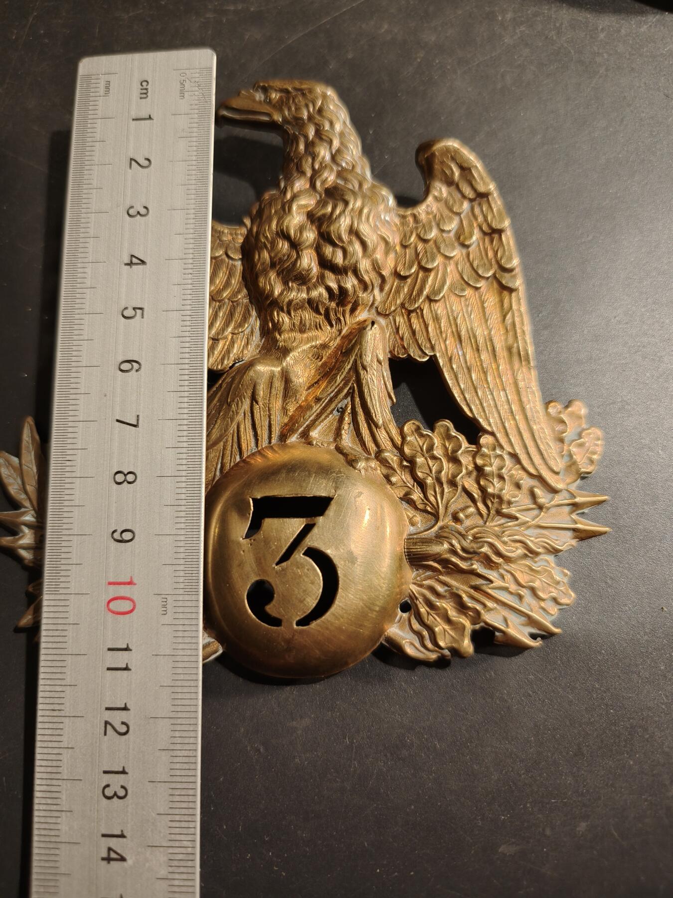 老王徽章第184期 法国第二帝国1852式沙科帽帽徽     大尺寸12×11.5cm     法国第3步兵团