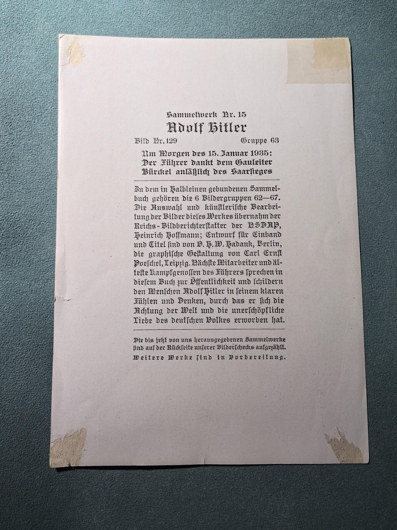 号角文化祝福各位藏友春节大吉马年入好藏 盛世勋华——号角文化勋章邮票专场拍卖第306期    德国（1939）小胡子系列大尺寸宣传卡片 就萨尔回归一事向大区领袖比克尔致谢    