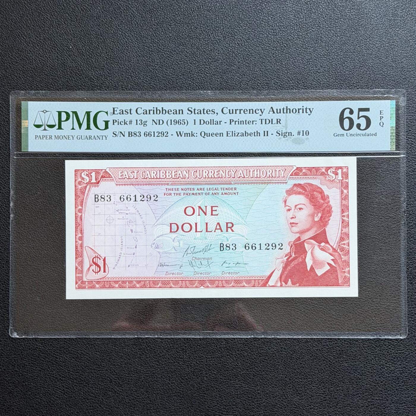 ＜星葵🌻钱币社＞非全新纸币场第70期·3月1日发货 PMG65 东加勒比1965年戎装女王1元纸币