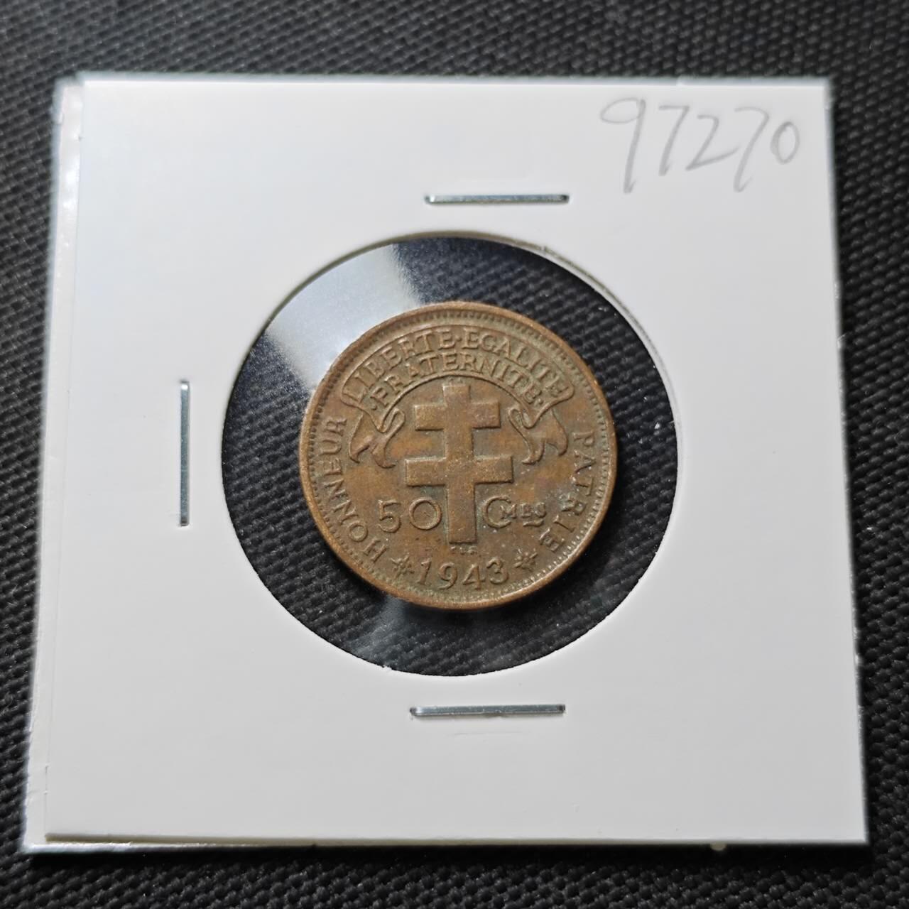 KK钱币收藏小铺  第397期 百期特怕（四拍之一） 2月预留时间 周末发货  1943法属赤道非洲50分小公鸡铜币