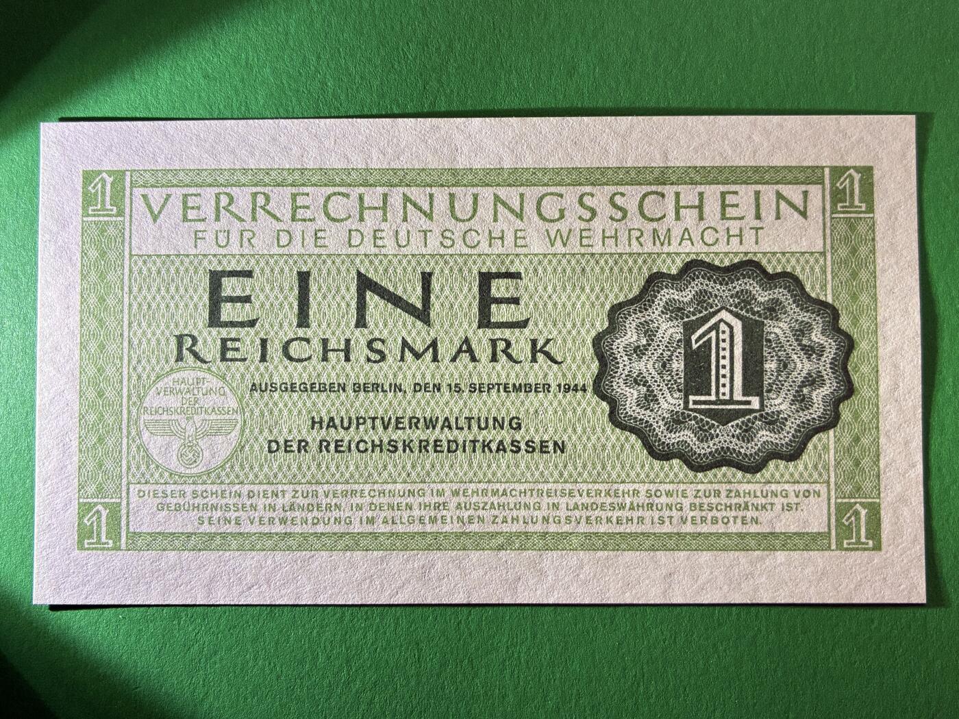 咖啡豆•收藏 2026年Mar_13th世界各国纸币拍卖 德国 1944年 二战时期 国防军 1马克 全新UNC 外国纸币