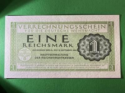 咖啡豆•收藏 2026年Mar_13th世界各国纸币拍卖 - 德国 1944年 二战时期 国防军 1马克 全新UNC 外国纸币