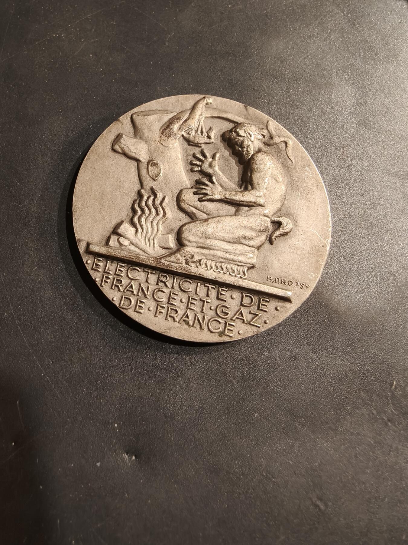 老王徽章第184期 法国电气公司镀银大铜章    大师Dropsy作品    直径54mm    重量70.7g