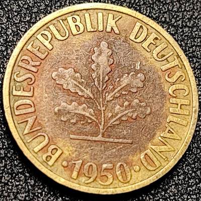 泉币菌-第197场- 新年快乐 新年第5场 本场拍品多 请提前出价 - 联邦德国1950年 10芬尼硬币 橡树麦穗  银行版 21.5mm