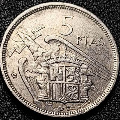 泉币菌-第197场- 新年快乐 新年第5场 本场拍品多 请提前出价 - 西班牙1957年5比塞塔 弗朗哥鹰徽23mm