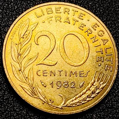 泉币菌-第197场- 新年快乐 新年第5场 本场拍品多 请提前出价 - 铜光美品 法国1982年20生丁铜币 玛丽安娜 入欧前末版 绝版