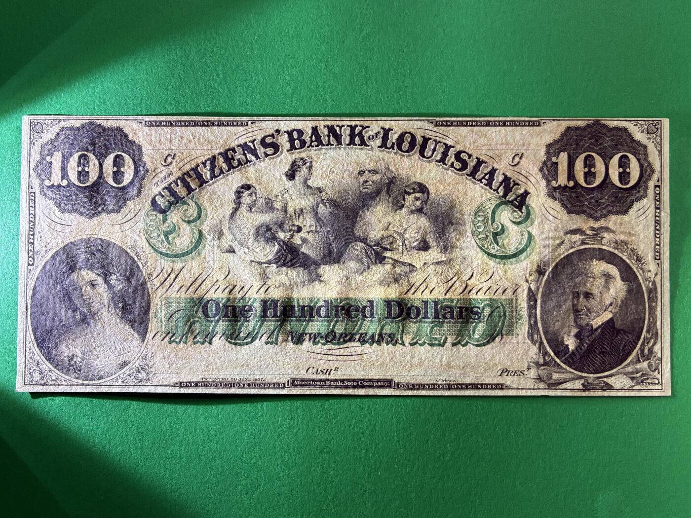 咖啡豆•收藏 2026年Mar_13th世界各国纸币拍卖 美国 19世纪 路易斯安那公民银行 100美元 全新UNC 外国纸币