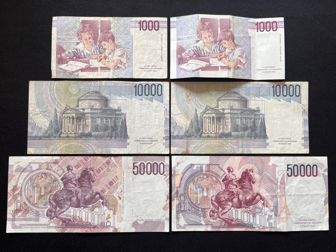 咖啡豆•收藏 2026年Mar_5th世界各国非全新纸币拍卖 6枚 意大利 1000-50000里拉 非全新 品相如图 外国纸币