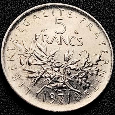 泉币菌-第198场- 新年快乐 新年第6场 本场拍品多 请提前出价（正月十五统一发货） - 法国早期（1971年）5法郎大镍币 29MM 播种女神 入欧前末版 绝版币