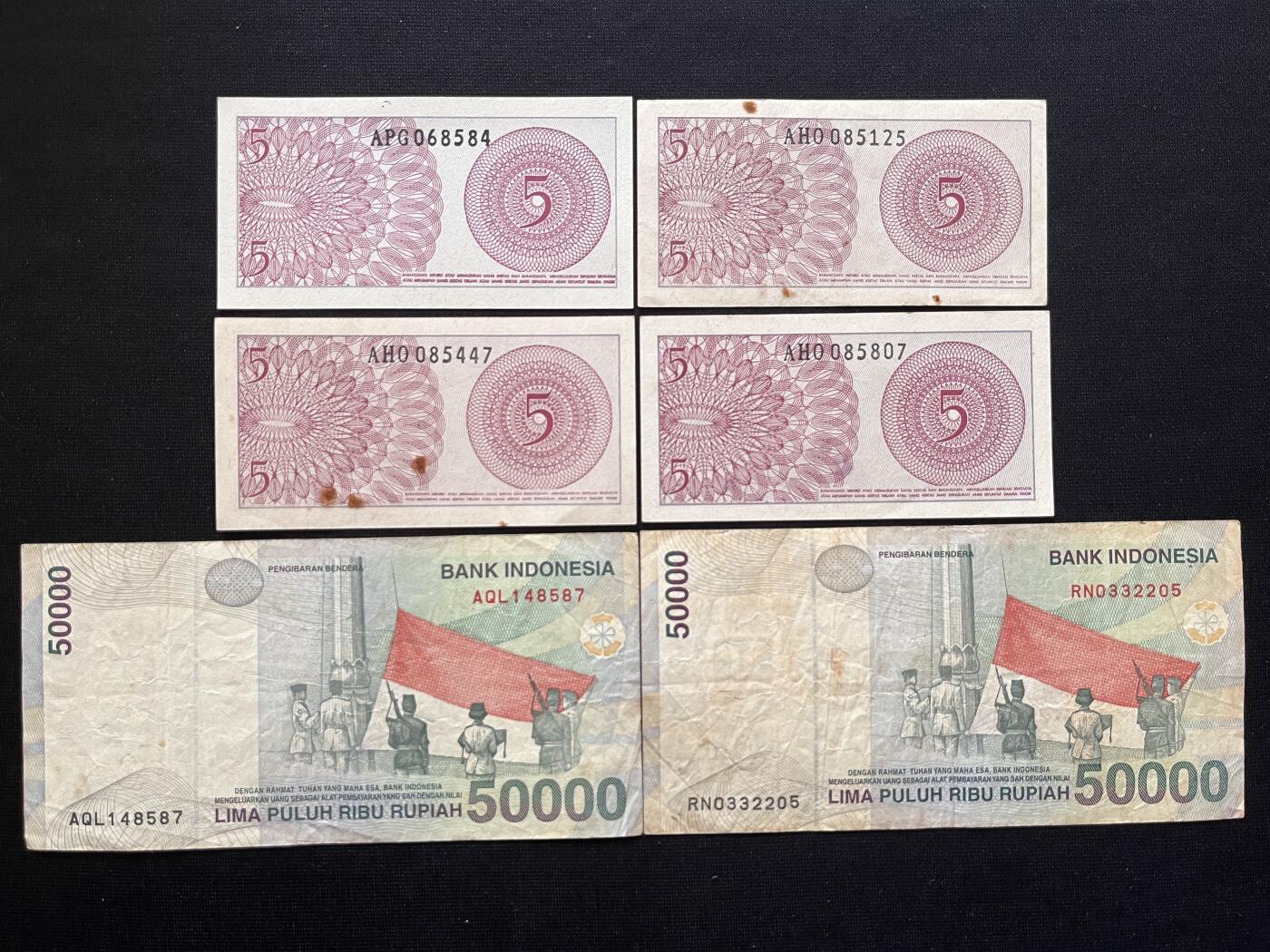 咖啡豆•收藏 2026年Mar_5th世界各国非全新纸币拍卖 6枚 印度尼西亚 5分-50000卢比 品如图 外国纸币