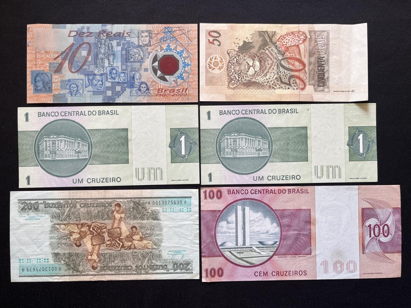 咖啡豆•收藏 2026年Mar_5th世界各国非全新纸币拍卖 6枚 巴西 克鲁塞罗 雷亚尔 非全新 品相如图 外国纸币