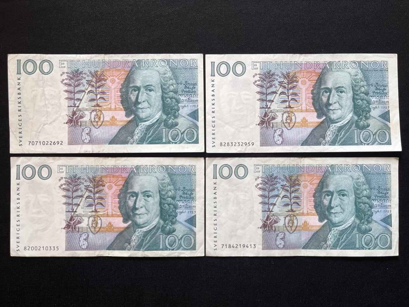 咖啡豆•收藏 2026年Mar_5th世界各国非全新纸币拍卖 4枚 瑞典 100克朗 非全新 品相如图 外国纸币