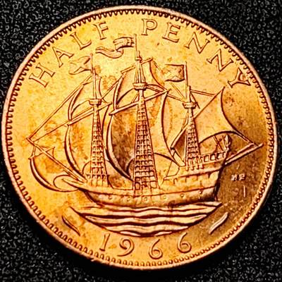 泉币菌-第198场- 新年快乐 新年第6场 本场拍品多 请提前出价（正月十五统一发货） - 原铜光极美 海盗帆船  1966年英国 1/2便士铜币 伊丽莎白女王 25mm 