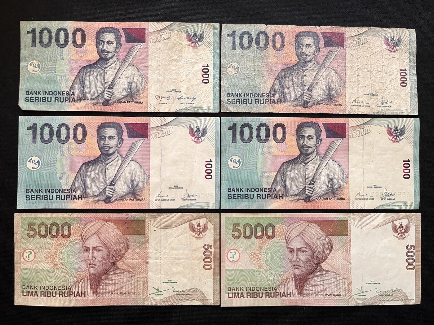 咖啡豆•收藏 2026年Mar_5th世界各国非全新纸币拍卖 6枚 印度尼西亚 1000-5000卢比 品如图 外国纸币