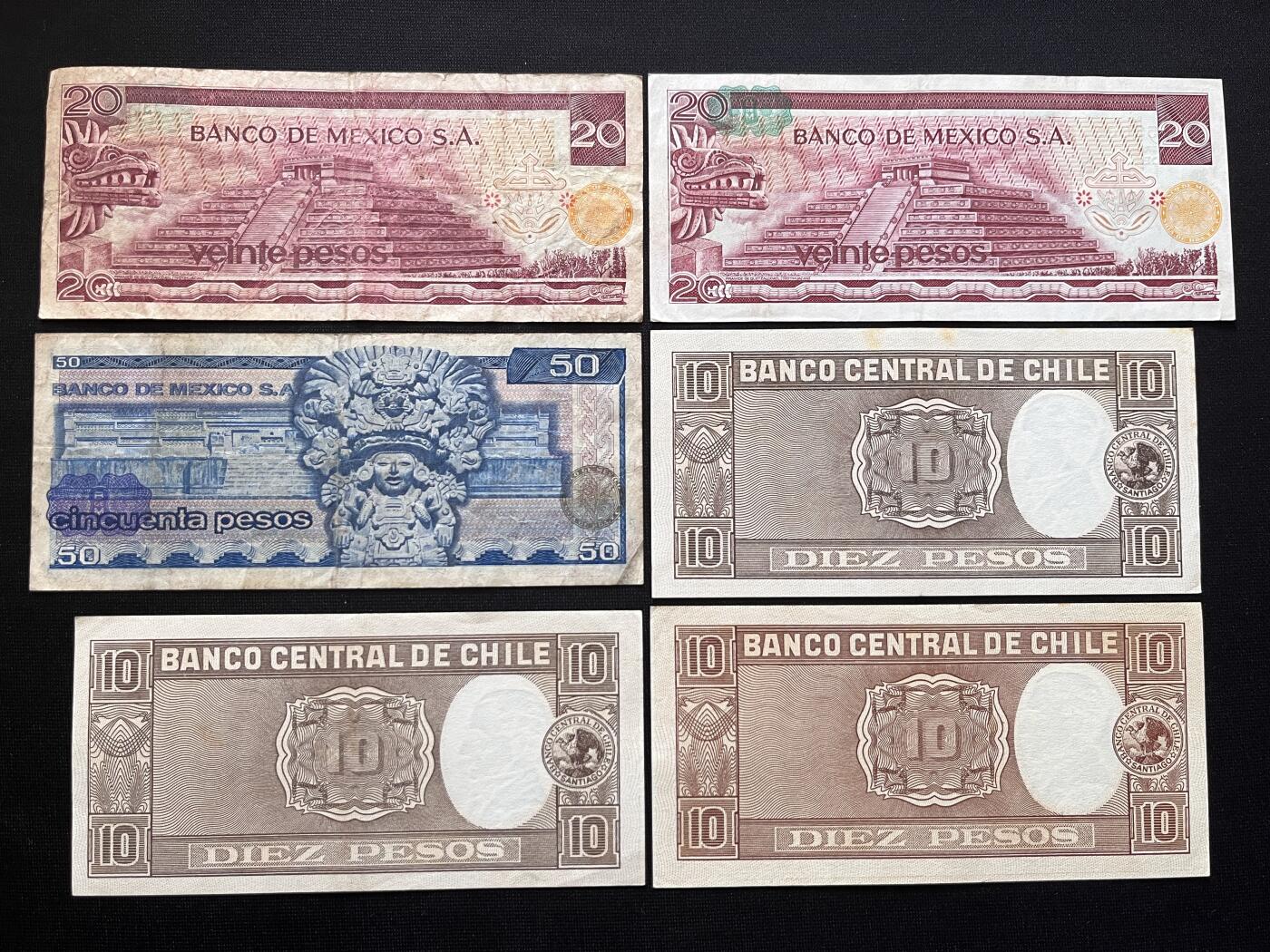 咖啡豆•收藏 2026年Mar_5th世界各国非全新纸币拍卖 6枚 墨西哥/智利 比索 品如图 外国纸币