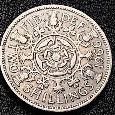 泉币菌-第198场- 新年快乐 新年第6场 本场拍品多 请提前出价（正月十五统一发货） - 英国早期1966年2先令老镍币 伊丽莎白二世青年女王头像 28.3MM