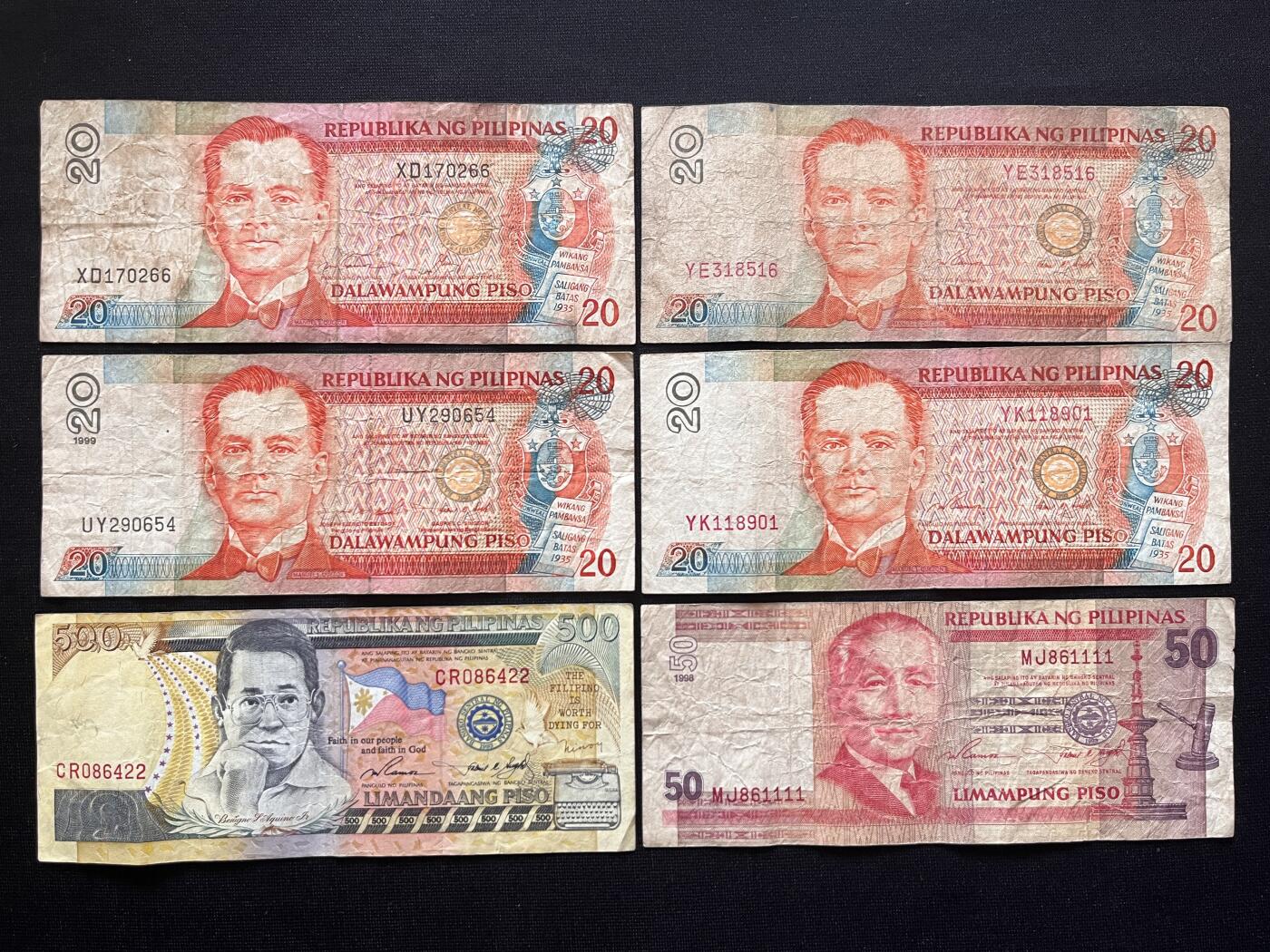 咖啡豆•收藏 2026年Mar_5th世界各国非全新纸币拍卖 6枚 菲律宾 20-500比索 品如图 外国纸币
