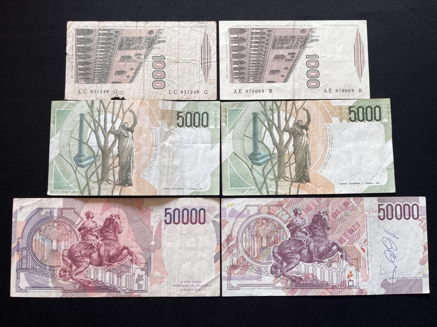 咖啡豆•收藏 2026年Mar_5th世界各国非全新纸币拍卖 6枚 意大利 1000-50000里拉 品相如图 非全新 外国纸币