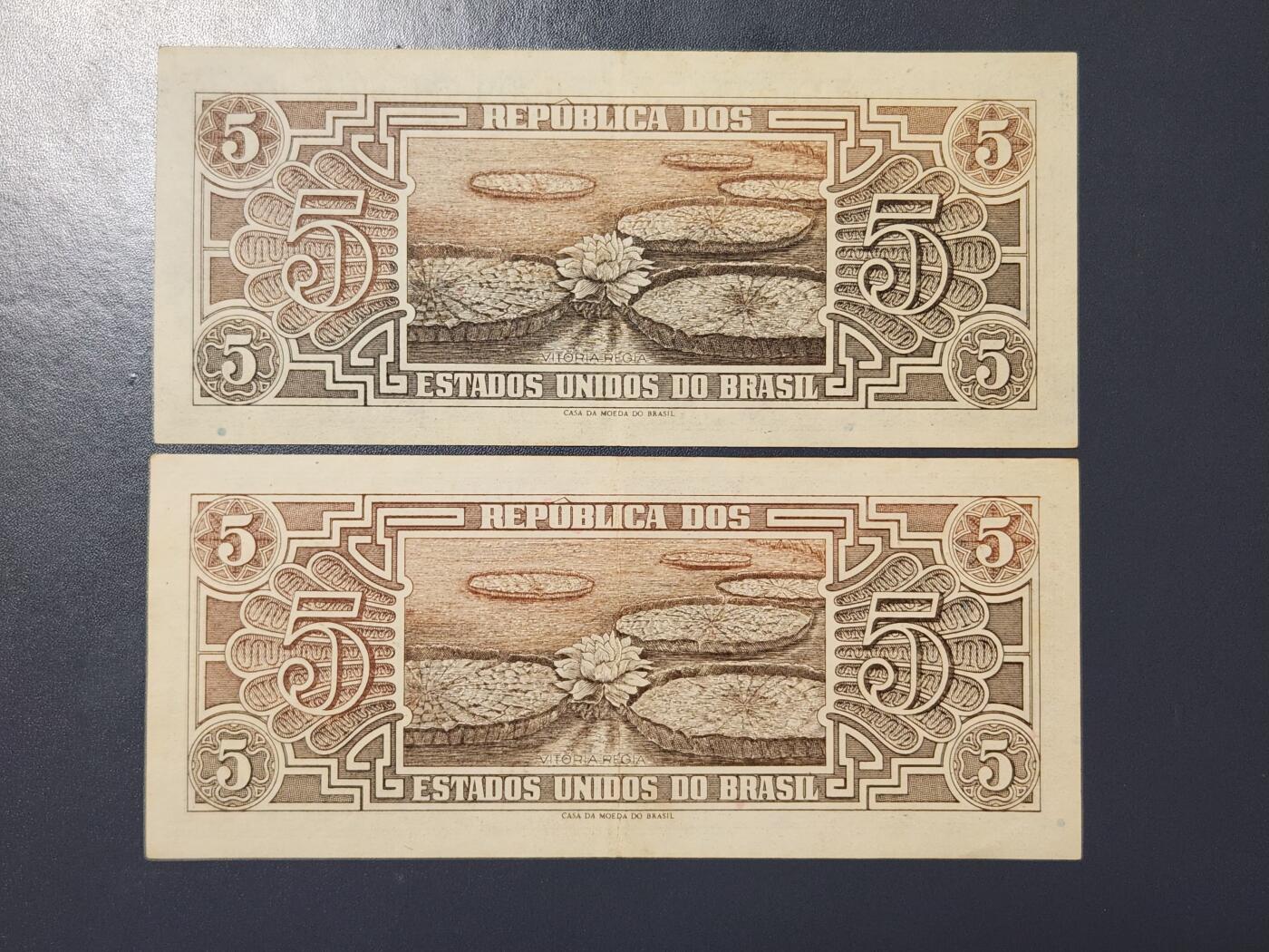 2月24号晚上8点 外国纸币自动截拍第30场 巴西 1961年版 5克鲁塞罗 不同签名一对 美品