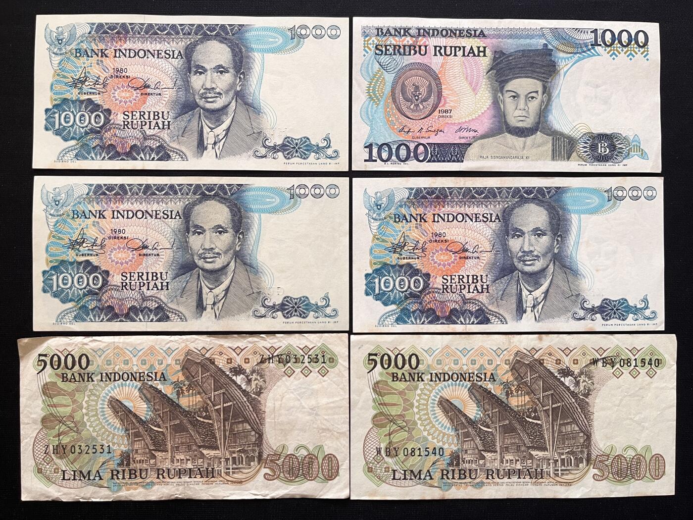 咖啡豆•收藏 2026年Mar_5th世界各国非全新纸币拍卖 6枚 印度尼西亚 1000-5000卢比 品如图 外国纸币