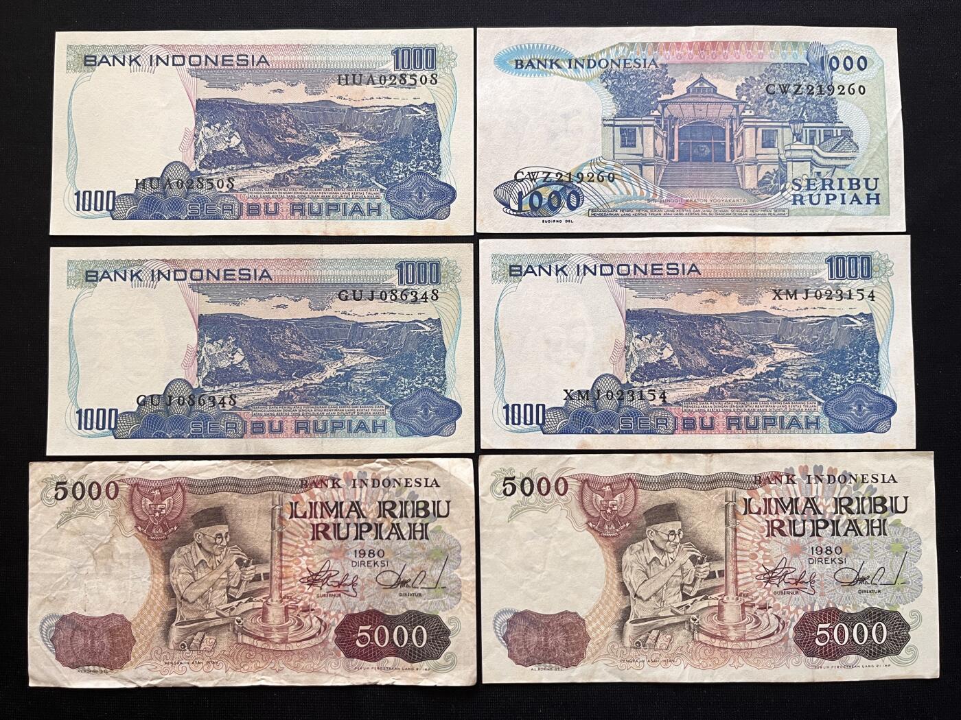 咖啡豆•收藏 2026年Mar_5th世界各国非全新纸币拍卖 6枚 印度尼西亚 1000-5000卢比 品如图 外国纸币