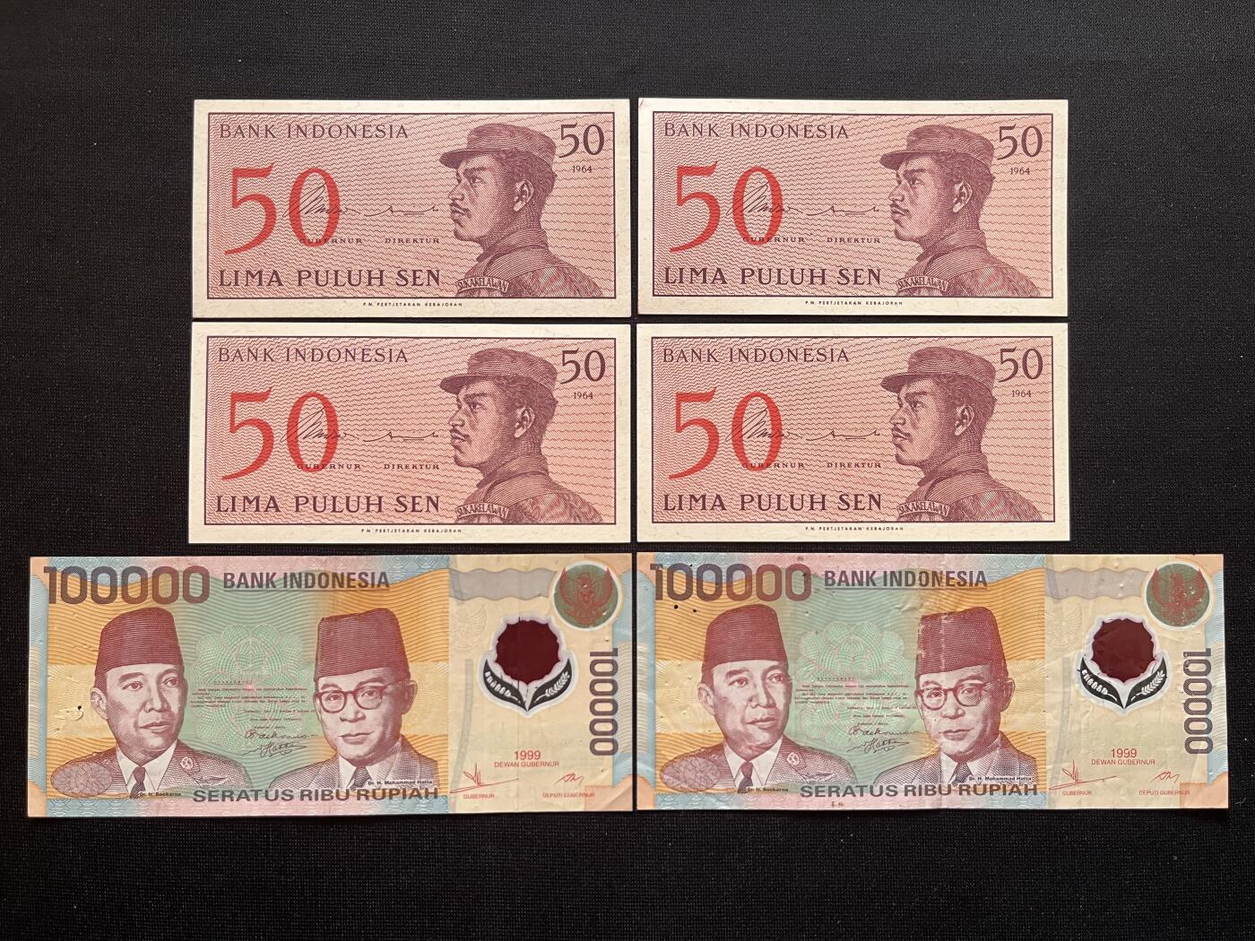 咖啡豆•收藏 2026年Mar_5th世界各国非全新纸币拍卖 6枚 印度尼西亚 50分-100000卢比 品如图 外国纸币