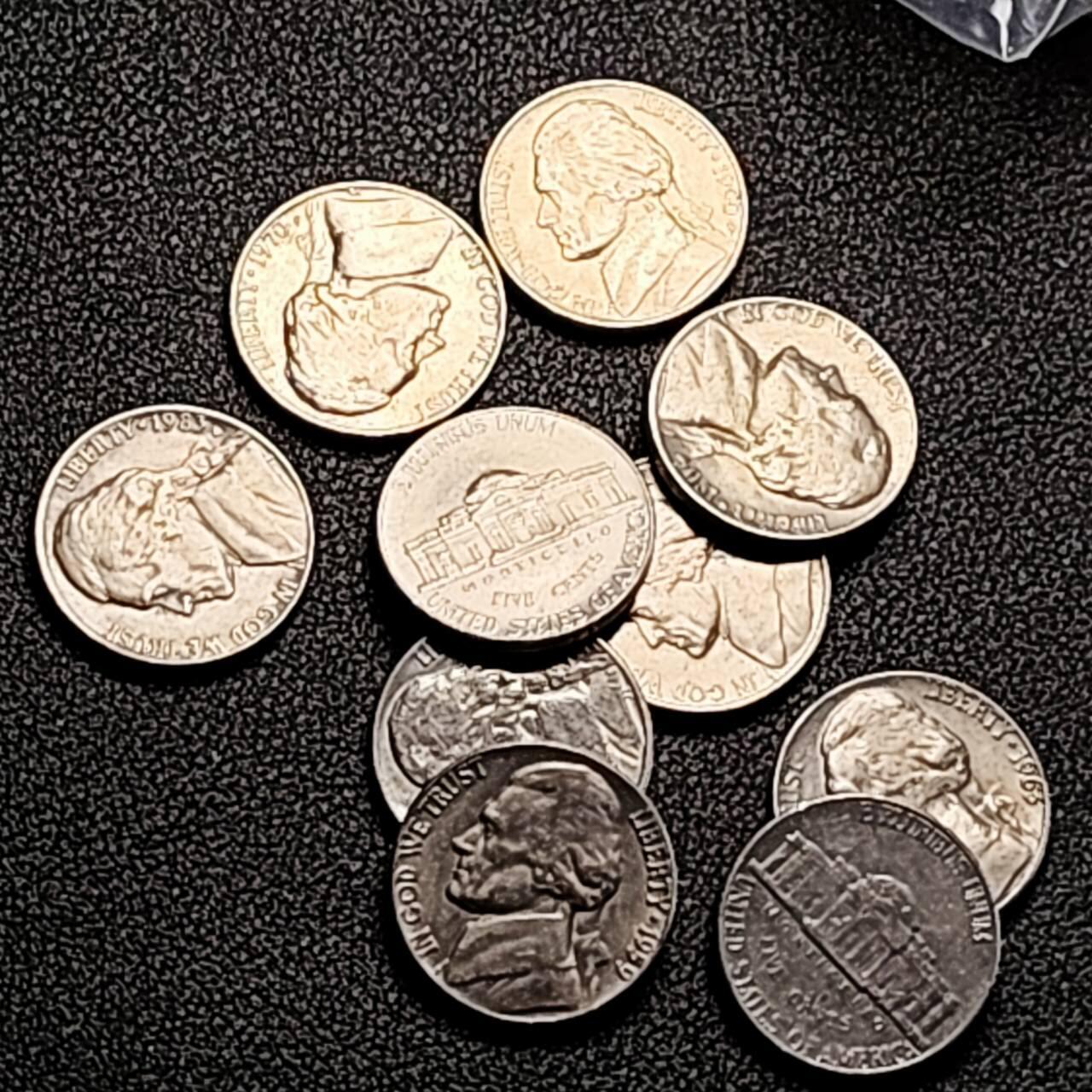 泉币菌-第198场- 新年快乐 新年第6场 本场拍品多 请提前出价 10枚一组 美国杰斐逊5美分 纪念币 混合年份