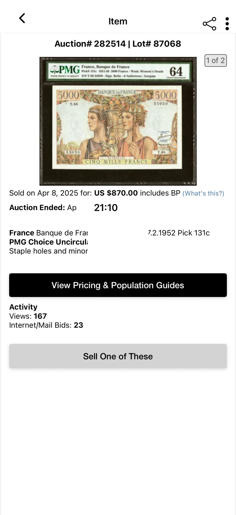 《艾美收藏》第232期-2.22周日外币靓号精品场(春节首拍) 法国5000法郎 PMG64 1952年大票幅 无47 亚军分 更高分仅3张 无背标少见 国外拍了870美金
