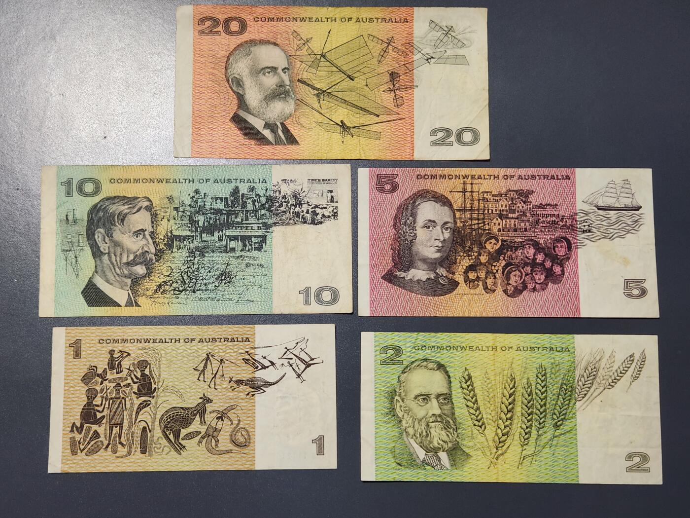 2月24号晚上8点 外国纸币自动截拍第30场 第一版 澳大利亚联邦版1-2-5-10-20元 原票一套