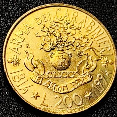 泉币菌-第198场- 新年快乐 新年第6场 本场拍品多 请提前出价（正月十五统一发货） - 原铜光UNC 意大利1994年200里拉宪兵成立180周年 铝青铜 24mm